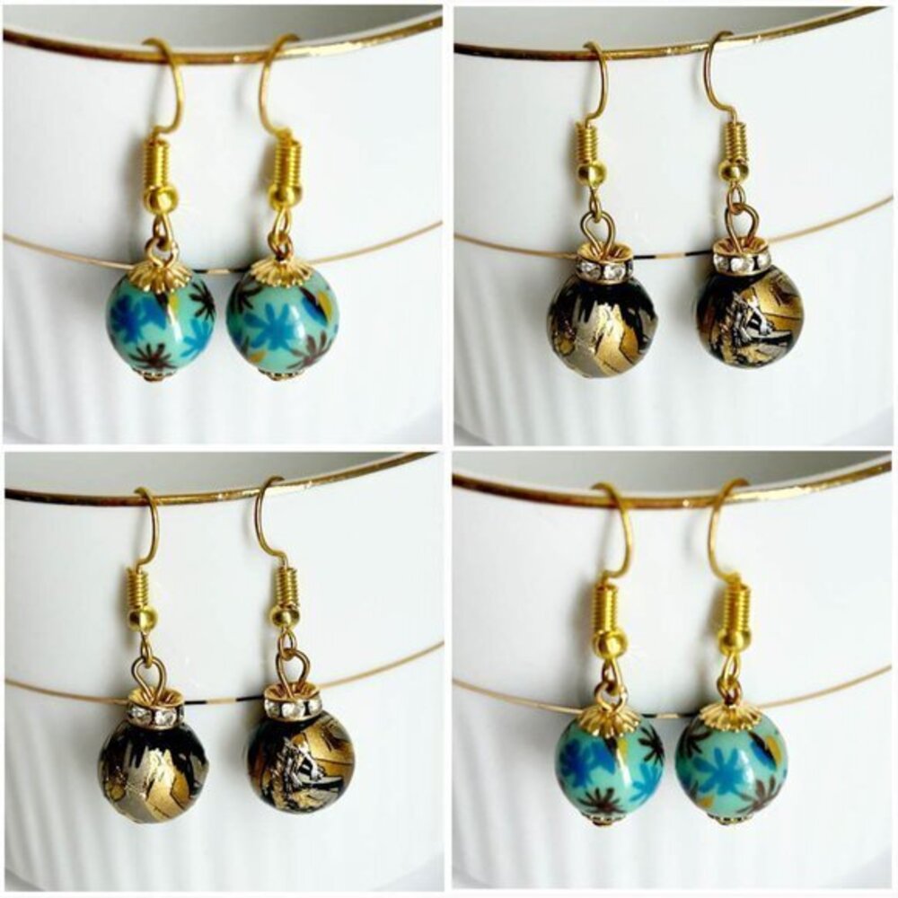 NEW Cloisonné Earrings 2 PAIRS Colorful Floral Jewelry Enamel Rhinestones Hook